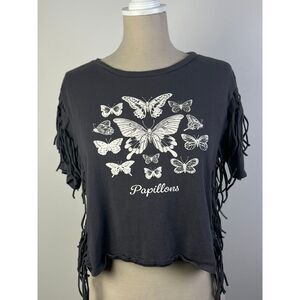 French Pastry Butterfly Graphic Crop Top with Fringe Sleeves Boho Festival Style